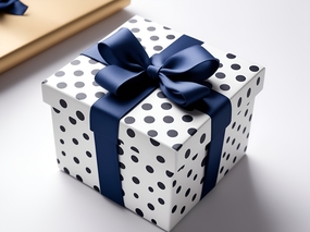 蓝色蝴蝶结丝带波点礼盒摄影图片